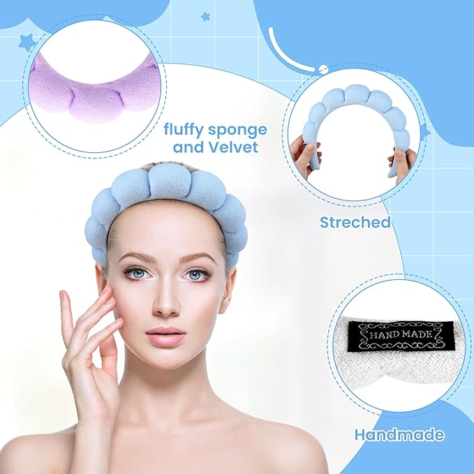 12 Pcs Spa Headbands for Women, Makeup Headbands for Women Girls, Puffy Sponge Bubble Headband for Washing Face, Soft Hair Band for Beauty Routines (Terry Cloth, 6 colors)
