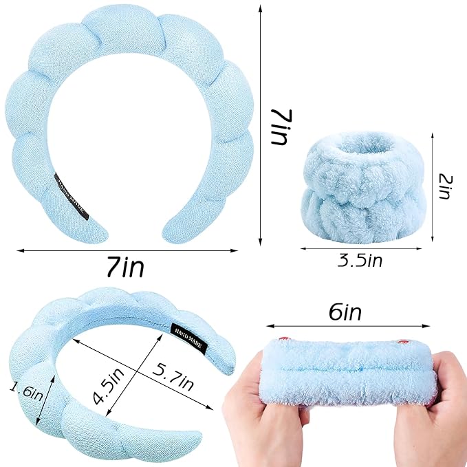 Zkptops 6Pcs Spa Headband for Washing Face Wristbands Set Women Bubble Makeup Sponge Terry Cloth Padded Puffy Skincare Headband Bow Tie Hairband Cute Non Slip Thick Hair Accessory Gifts (Blue)