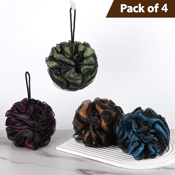 75g/Piece Loofah Bath and Shower Sponge Pouf, Mesh Bath Sponge Exfoliating Body Scrubber Ball Pack of 4, Large