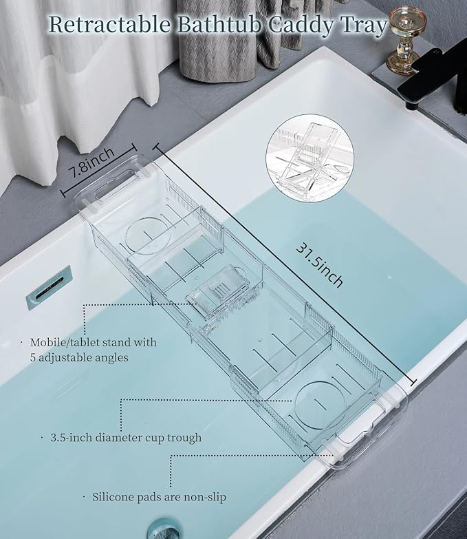 Bathtub Caddy Tray,Adjustable Bathtub Tray Table, Bath Organizer for Relaxing Spa-Features 2 Cup Holders, A Phone Stand with 5 Angle Adjustments,Non-Slip Silicone Pads,Won't Get Moldy,Easy to Clean.