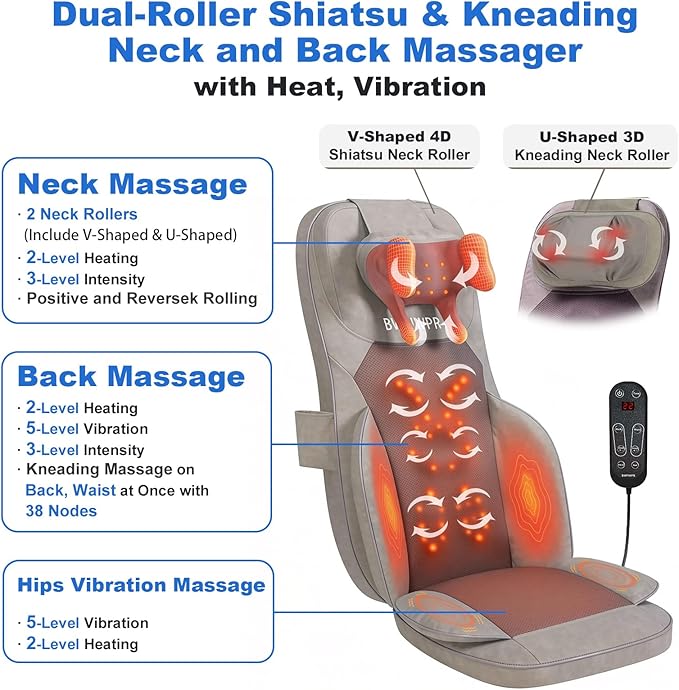 Shiatsu Massage Cushion for Neck and Back with Heat - 4D Kneading, Vibration for Muscle Relief, Dual-Neck Design, Adjustable Intensity and Height for Office Chair and Home Use, Brown