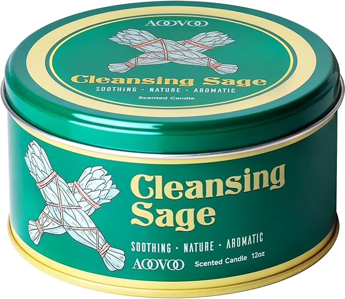 AOOVOO Sage Candle for Cleansing - 3 Wick 12oz Large Scented Candle with Crystals & Sage Leaves Inside, Soy Candles Non Toxic for Spiritual Gift, Aromatherapy Candle for Women Men Mother‘s Day