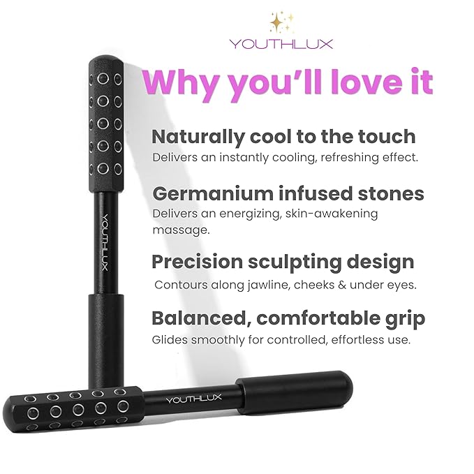 Radiance Roller – Germanium Stone Facial Massage Tool/Wand Face Roller for Lifting, Sculpting, De-Puffing, Glow Boost, Energizing & Cooling Effect (Black)