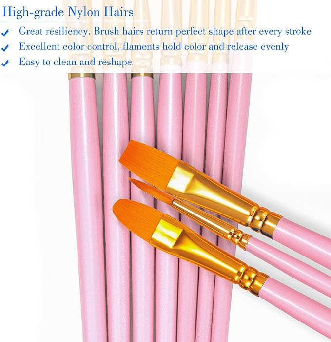 BOSOBO Paint Brushes Set, 6 Pack 60 Pcs Round Pointed Tip Paintbrushes Nylon Hair Artist Acrylic Paint Brushes for Acrylic Oil Watercolor, Face Nail Art, Miniature Detailing & Rock Painting, Pink