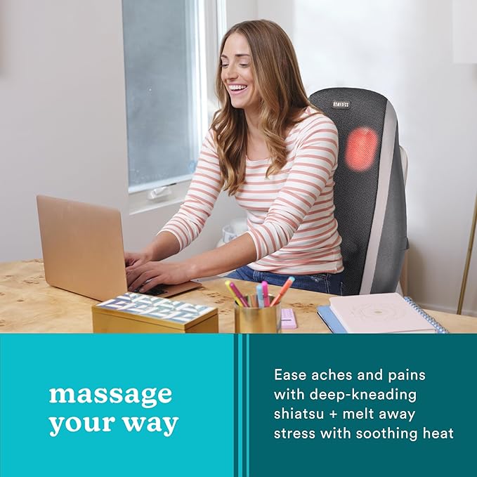HoMedics Shiatsu Massage Cushion with Soothing Heat, Deep-Kneading Massage, Targets Pressure Points All Over Back, Soothing Heat, Relax Overworked Muscles, Release Tension, Reduce Back Pain