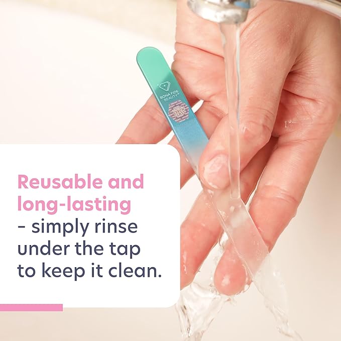 Bona Fide Beauty Glass Nail File with Case (Aqua) - 1 Piece Luxurious Gifts for Women, Crystal Etched Nail File for Natural Nails