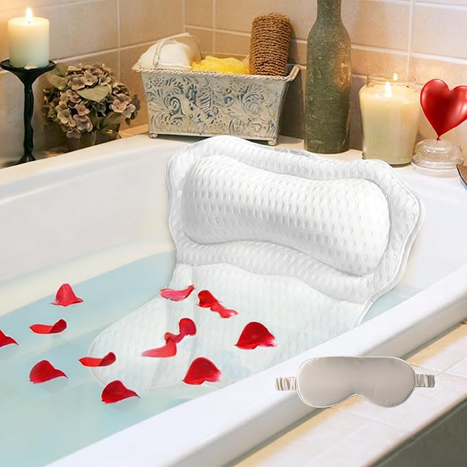 Bath Pillow, Luxury Bath Pillows for Neck Head and Back Support,Bathtub Pillow with Soft 4D Breathable Mesh Fabric and Nonslip Suction Cups,Relaxing Bath Accessories .(White)
