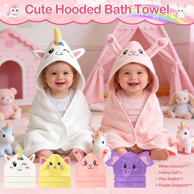 OFUSUY 12 PCS Baby Towels, 4 PCS Soft Hooded Baby Towels & 8 PCS Washcloths, Baby Bath Towels for Newborns, Infants & Toddlers- Coral Fleece, Soft & Ultra Absorbent, Cute Towel Gift for Girls & Boys