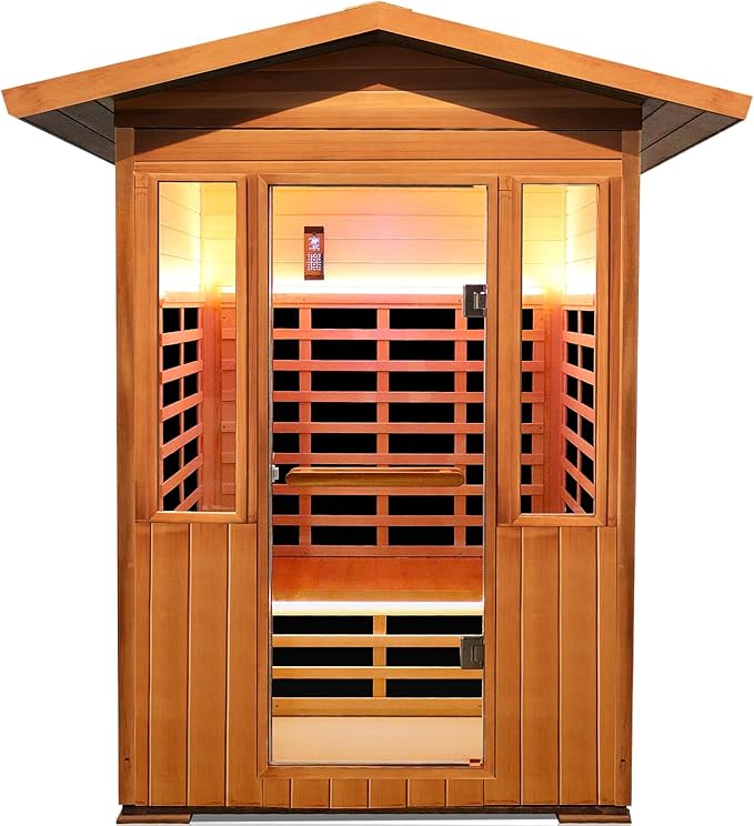 2 Person Outdoor Sauna Infrared Saunas Dry Sauna Room 120V Red Cedar and Canadian Hemlock Wood Wooden Sauna Spa 1800W APP Control 7 Color Light 48.8 * 37 * 87.4inch