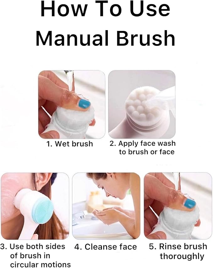 Face Brush, 2 in 1, Facial Cleansing Exfoliating Brush, Double Sided Soft Bristles & Silicone Facial Scrubber. Deep Pore Exfoliation, Blackhead Remover, Makeup Remover, Manual Use (Cotton Candy)