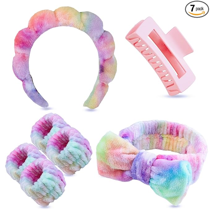 7 Pcs Spa Set, Facial Headband and Wristband Set, Skincare Accessories, College Style Girl Idea Gifts, Hair Accessories for Women and Girls（Tie Dye Colourful ）