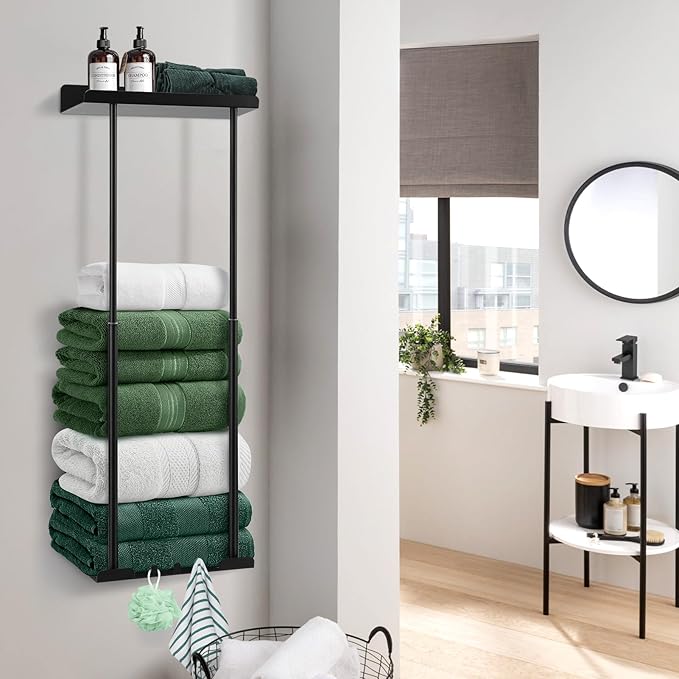 Hommtina Bathroom Towel Storage Black Towel Holder Bathroom Decor Aesthetic Towel Racks for Bathroom Bath Towel Storage for Rolled Towels Organizer