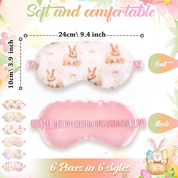 Cuffbow 6 Pack Plush Sleep Mask Set, Cute Plush Eye Masks for Sleeping, Soft Comfortable Travel Nap Blindfold, Sleepover Party Favors for Women(Easter,Light)