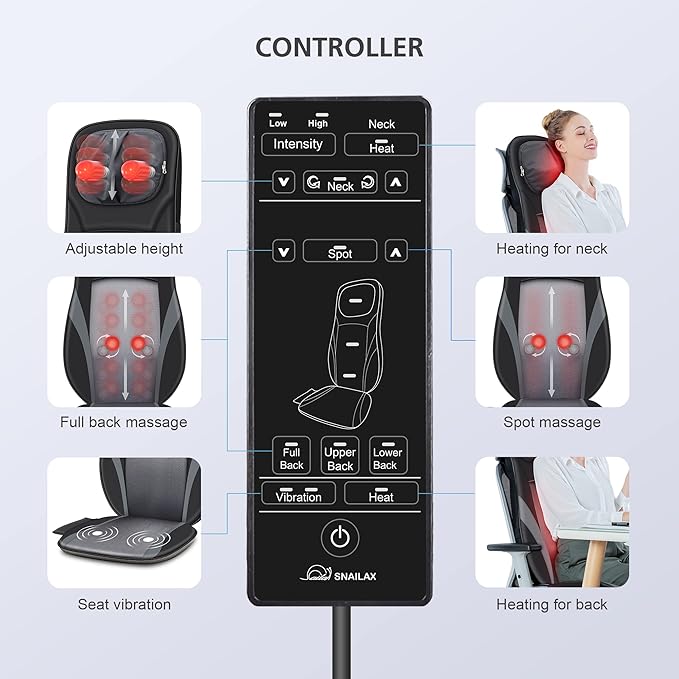 Snailax Shiatsu Back Massager with Heat -Deep Kneading Massage Chair Pad with Adjustable Intensity, Shiatsu Chair Massager to Relax Full Body Muscle，Gift for Mother