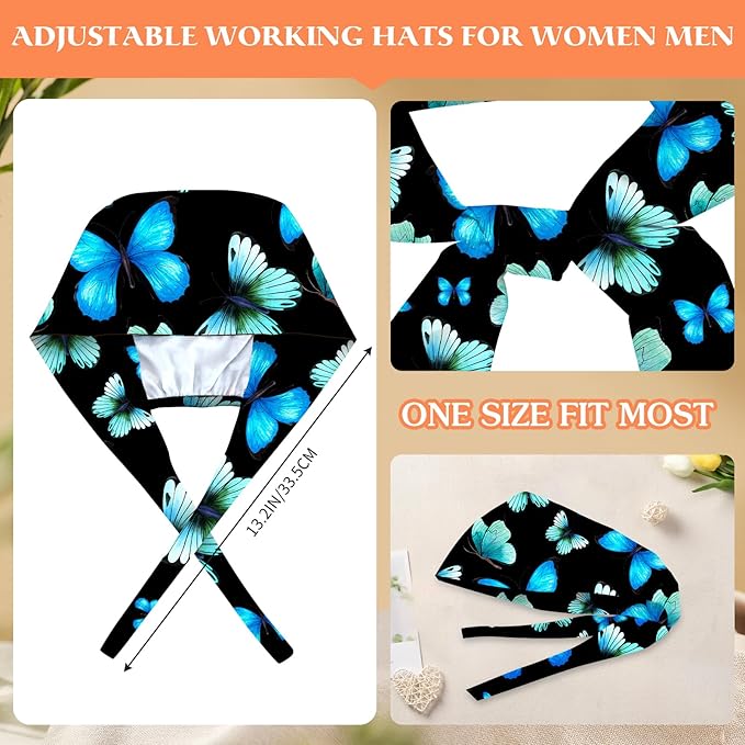 Adjustable Scrub Cap with Buttons & Sweatband, Working Hat with Elastic Tie Back, Unisex Nurse Surgical Caps for Women & Men