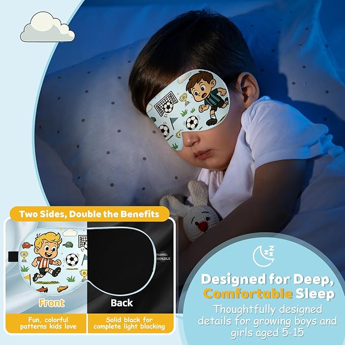 Kids Silk Sleep Mask – 100% Mulberry Silk Eye Cover, Kid Eye Mask with Adjustable Strap, Soft & Breathable Blackout Sleeping Mask for Boys and Girls Ages 5-15 (Soccer Style)