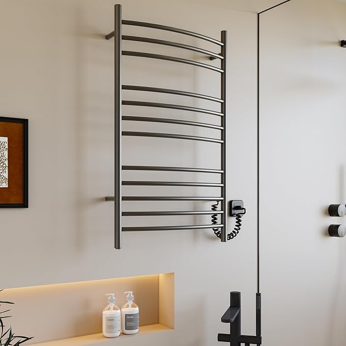 HEATGENE Towel Warmer Gun Grey, Electric Hot Towel Rails, Wall-Mounted Large 12 Bars Warming Towel Racks, Plug-in/Hardwired Heated Towel Rails