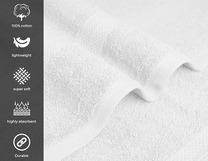 Avalon Towels Bath Towels for Bathroom 100% Cotton White Bathroom Towels Pack of 12 (24x48 inches) - Quick Drying Bath Towels Set Small, Light Weight & Absorbent Perfect Gym & Pool Towel Set