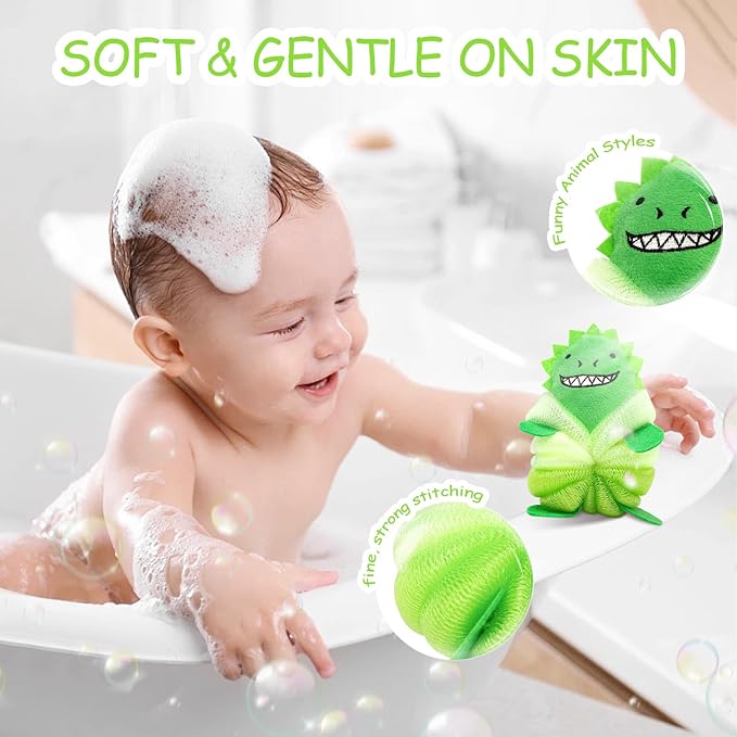 Kids Loofah & Bath Sponge, 2 Pack Loofah for Kids with Dinosaur & Shark, Gentle Baby Sponge for Bathing, Toddler Mesh Pouf for Bath Time, Soft Body Scrubber for Boys & Girls