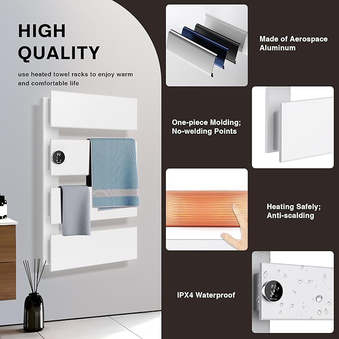 K&KALONZO Electric Towel Warmer, 18.35" W x 31" H Wall-Mounted Towel Heater with Built-in Timer, Waterproof Aluminum Towel Warmer for Bathroom, Support Plug-in and Hardwired, White, K4-L-W