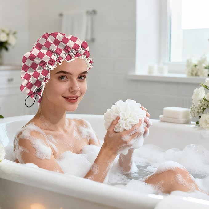 Shower Cap Reusable Double Layer Adjustable Elastic Waterproof EVA Hair Bath Caps for Women Girls Cute Aesthetic-Pink Checkered