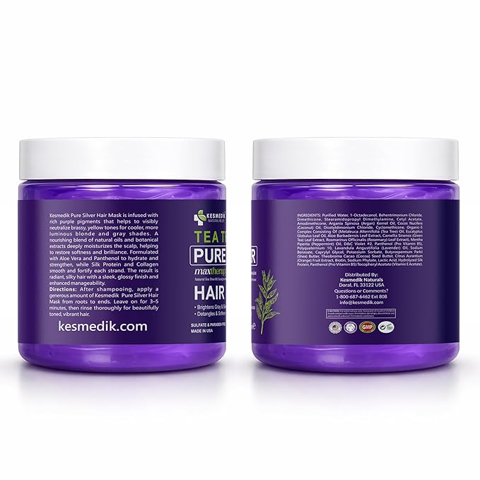 KESMEDIK Tea Tree Purple Hair Mask Toner with Argan Oil, Deep Conditioner for Dry Damaged Bleached, Blonde Silver White & Gray Hair Toner, Itchy Scalp Relief, Removes Brassy & Yellow Tones | Hydrating Hair Mask, Deep Conditioner, Hair Brightening, Gray...
