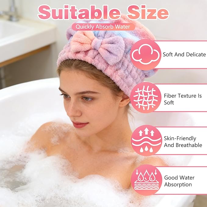 2PCS Super Absorbent Hair Towel Wrap for Wet Hair,Microfiber Hair Drying with Caps Bow Design,2026 New Fast Drying Hair Turban Wrap Towels Shower Cap for Girls and Women(Gradient Green)
