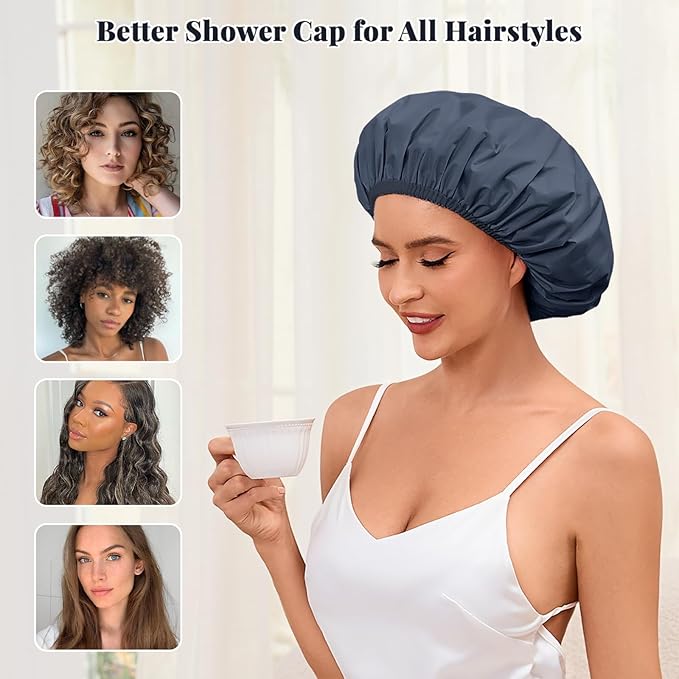Shower Cap for Women Waterproof Reusable, Large Shower Cap Non-Slip with Elastic Band, Washable Bath Hair Hat for Long Hair, Braids (Navy Blue)