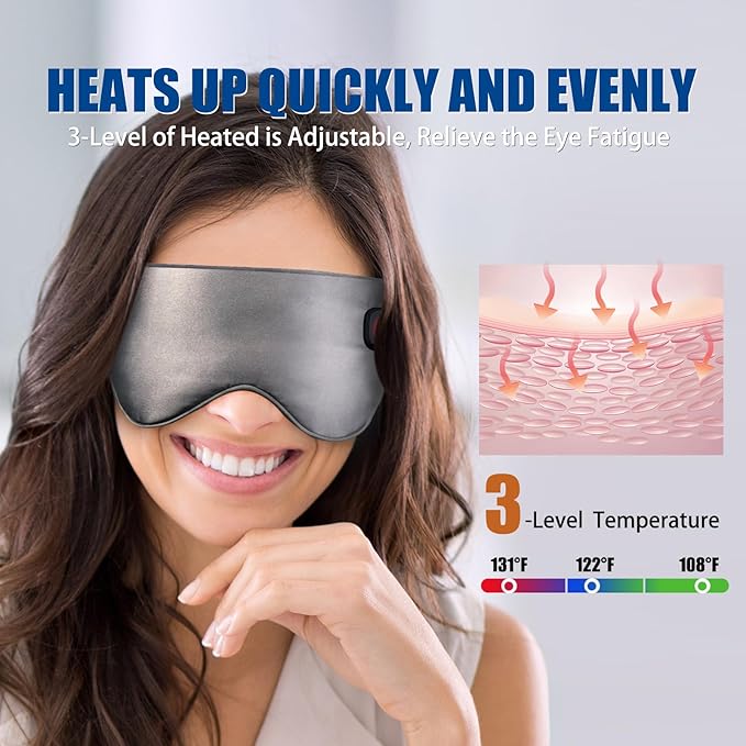 Heated Eye Mask - Rechargeable Cordless Silk Warm Eye Compress, 3 Temp Settings for Dry Eyes/Eye Fatigue, Light Blocking Soft Eye Heating Pad with Washable Cover, Travel-Friendly for Women & Men