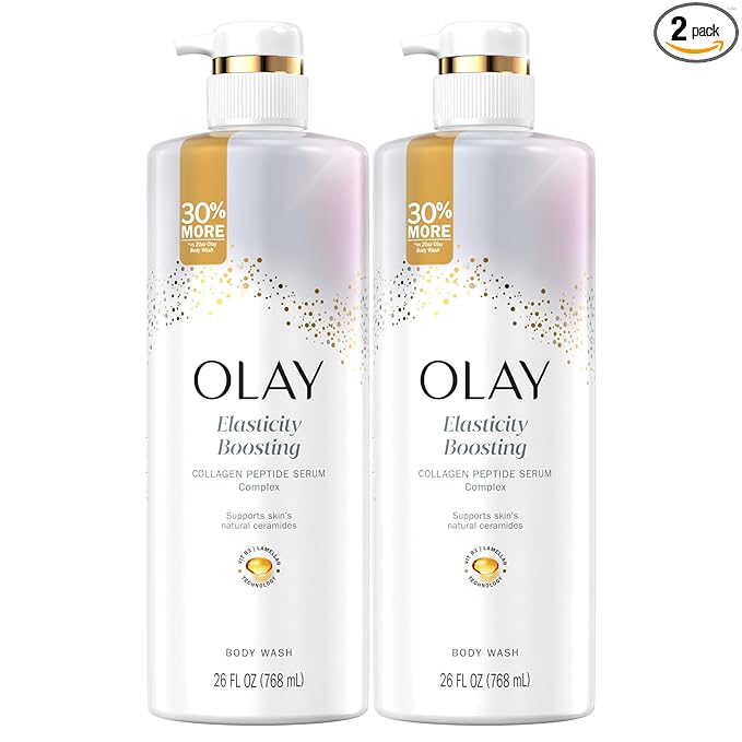 Olay Body Wash for Women, Elasticity Boosting, Collagen Peptide Serum Complex, Renews Moisture, Free of Parabens & Phthalates, Vitamin B3 Lameller Technology, For All Skin Types, 26 fl oz (Pack of 2)