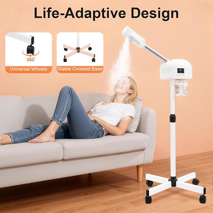 Standing Facial Steamer, Movable Pedicure Steamer Machine with Water Tank and LCD Operation Panel, Portable Face Steamer for Home, Beauty Stores (White)
