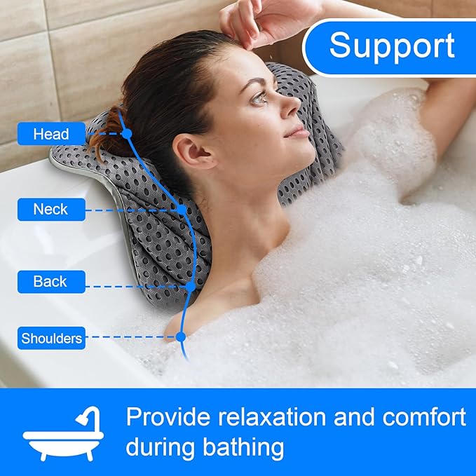 Bath Pillow for Tub, Ergonomic Pillow for Headrest,Neck, Shoulder and Back Support, Home SPA Fast Drying Soft 4D Mesh Fabric and 8 Non-Slip Suction Cups, Spa Bathroom Accessories