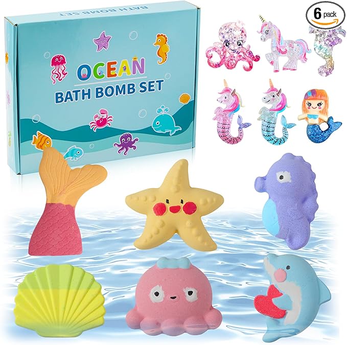 Bath Bombs for Kids Girls,Bath Toys for Kids, 6PCS XXL Mermaid Bath Bombs with Surprises - A Magical Bath Time Experience(Sea Animals)