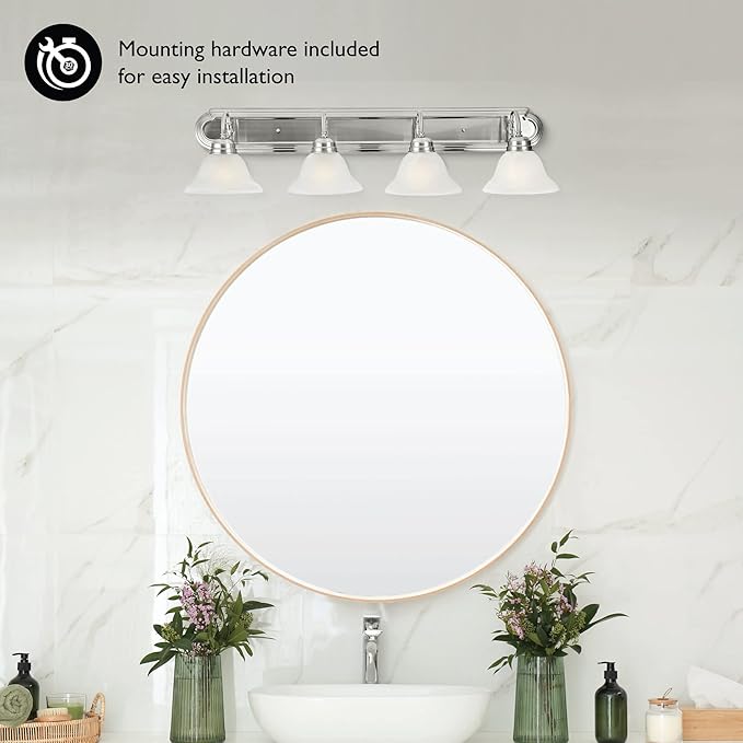 Design House 519215 Millbridge Vanity Light Dimmable with Frosted Glass for Above Bathroom Mirror, Satin Nickel, 4-Light