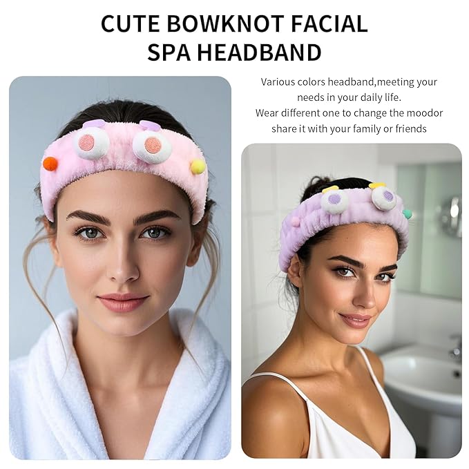 Spa Headband for Washing Face, 2 Pack Cute Hair Band for Shower Yoga Beauty Skincare, Fluffy Makeup Headband, Kawaii Facial Headbands for Woman Girls, Purple+Pink Pompon