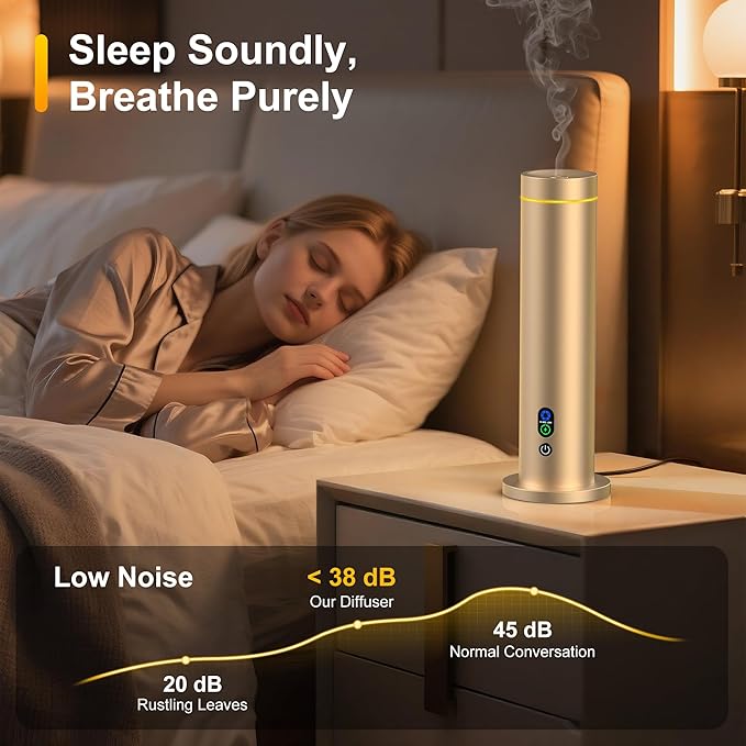 Maromalife Waterless Diffuser, Essential Oil Diffuser, 1000 Sq.Ft Coverage Scent Diffuser – Plug-in Only, Adjustable Mist, Remote, Mood Lights for Home & Office, Large Room, Hotel, Gold