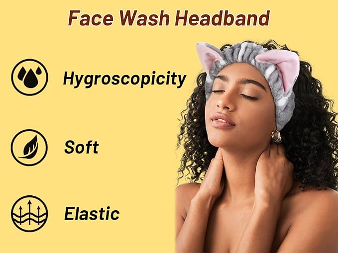 TEBIEKOY Plush Cat Ears Spa Headband For Washing Face Skincare Makeup, Elastic Animal Headbands for Women Girls Soft Coral Fleece Facial Wash Hair Accessories Trendy Stuff Gifts, 2PCS