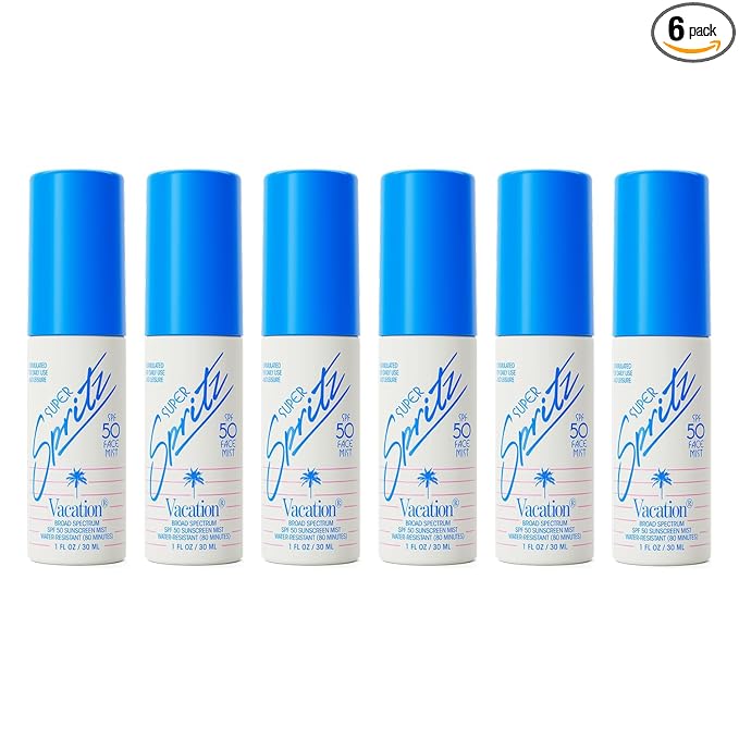 Vacation Mini Super Spritz SPF 50, Water-Resistant, Daily Face Sunscreen Spray, Mini Setting Spray, Non-Comedogenic, Vegan, Travel Size, 1 Fl. Oz. (Value Pack of 6)