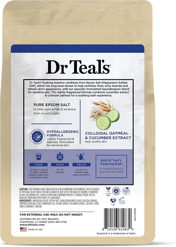 Dr Teal's Epsom Salt Magnesium Soak, Sensitive Skin with Colloidal Oatmeal & Cucumber Extract, 3 lbs