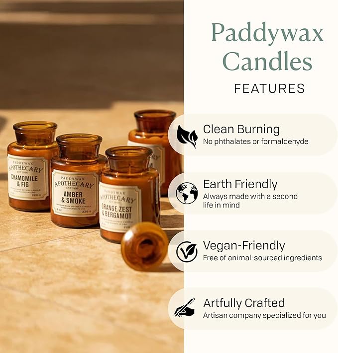 Paddywax Artisan Apothecary Scented Candle with Lid in Reusable Glass Jar, Clean-Burn Soy Candle with Approx. 54 Hour Burn Time, Saffron & Rose, 8 oz
