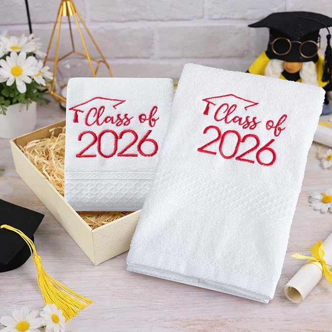MASHAN Class of 2026 Graduation Hand Towels 3 Pack,100% Cotton Soft Absorbent Bathroom Towels,Senior 2026 Graduation Gift for Girls Boys,Red Decorative Towels 14x30 Inch