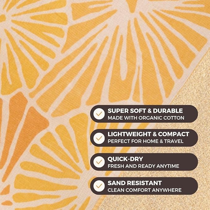 FESHKA Sand Free Turkish Beach Towel (37 x 67) Quick Dry Bath Towel, Oversized Beach Blanket, Lightweight for Travel - Made with 100% Organic Turkish Cotton - Summer Solstice (Yellow/Orange)