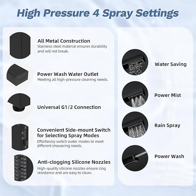 Hibbent 5-spray Filtered Rainfall Shower Head Combo, High Pressure 13'' Showerhead with Stainless Steel 4 Spray Modes Handheld, All Metal 4-way Diverter Arm, Pause Mode, 71'' Hose& Holder, Matte Black
