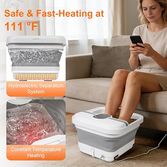 Collapsible Foot Spa Bath Massager with Heat, Bubble, Foot Soaking Tub with Handles, Foot Pedicure Kit, Temperature Control, Massage Rollers, Collapsible Bucket for Cleaning