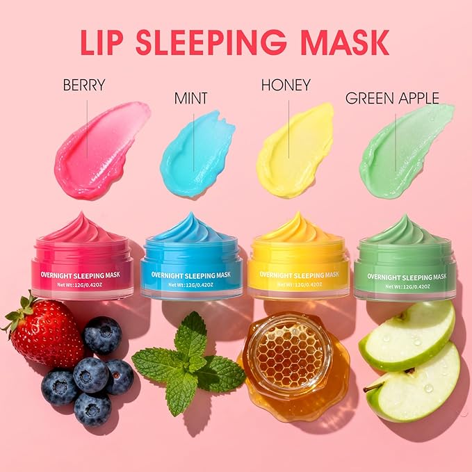Lip Mask Set, 4PCS Lip Sleeping Mask - Mothers Day Gifts for Mom, Overnight Treatment Lip Care, Moisturize & Nourish Lip Butter Balm for Very Dry Lips, Cracked Dry Lips,12g*4
