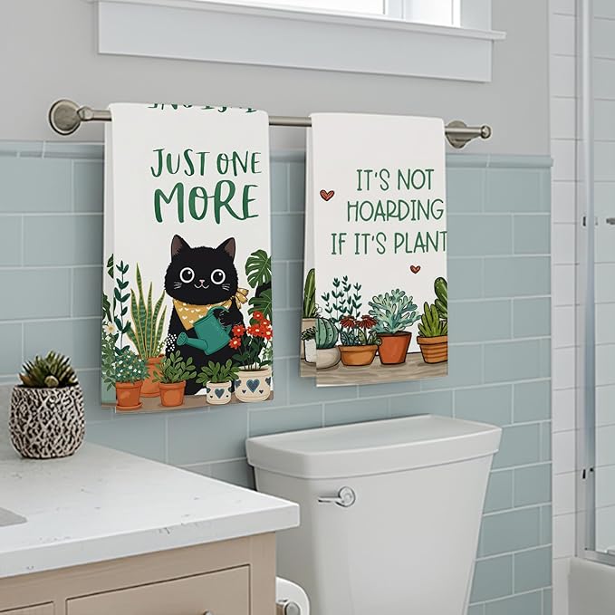 Accnicc 2 Pack Black Cat Bathroom Hand Towels Decorative Potted Plants Dish Kitchen Towel 16x27 Inch Cute Botanical Cactus Absorbent Soft Microfiber Bath Towels Hotel Spa Decor