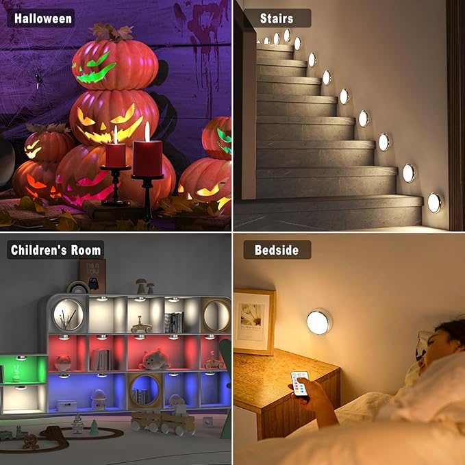 HELPLEX LED Puck Lights with Remote, 6 Pack Color Changing RGBW Stick-On Light, Battery Powered, Dimmable Under Cabinet Lighting with Timer & Memory, Wireless Push Lights for Kitchen & Closet, Silver
