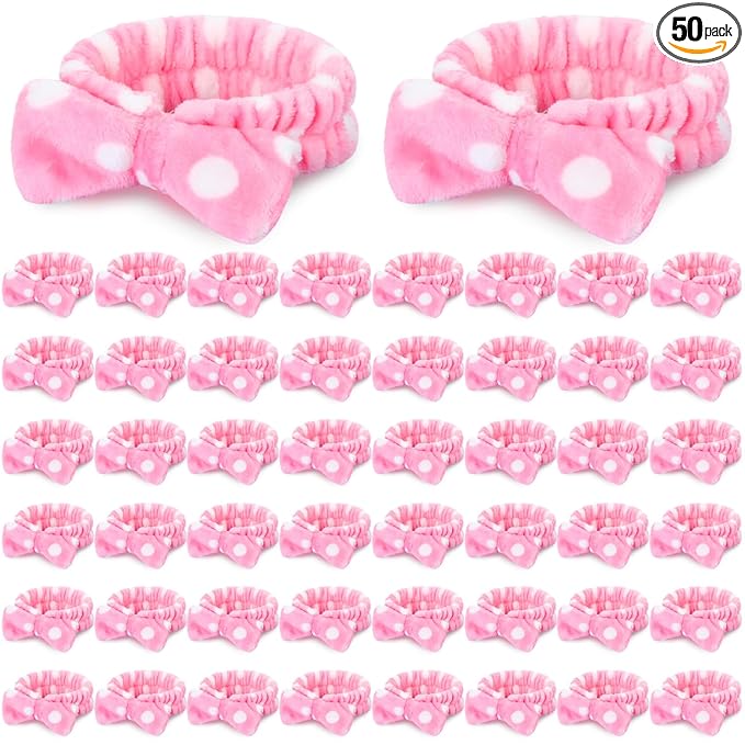 50 Pcs Pink Spa Headband Bulk Spa Sleepover Party Supplies for Washing Face with Removable Bow Makeup Elastic Bowknot Headbands for Women Gifts Soft Skincare Microfiber Hairbands(Dots Style)