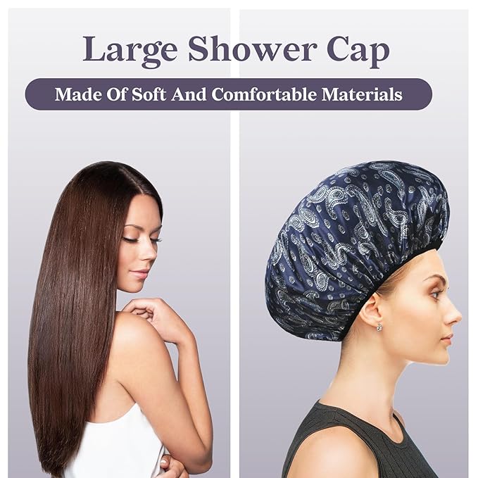Bandana Satin Shower Cap, Three-Layer Terry Cloth Lined, with Silk Hair Ties, Microfiber Waterproof Reusable Large Size Shower Cap for Women Long Thick Hair (Blue Paisley)