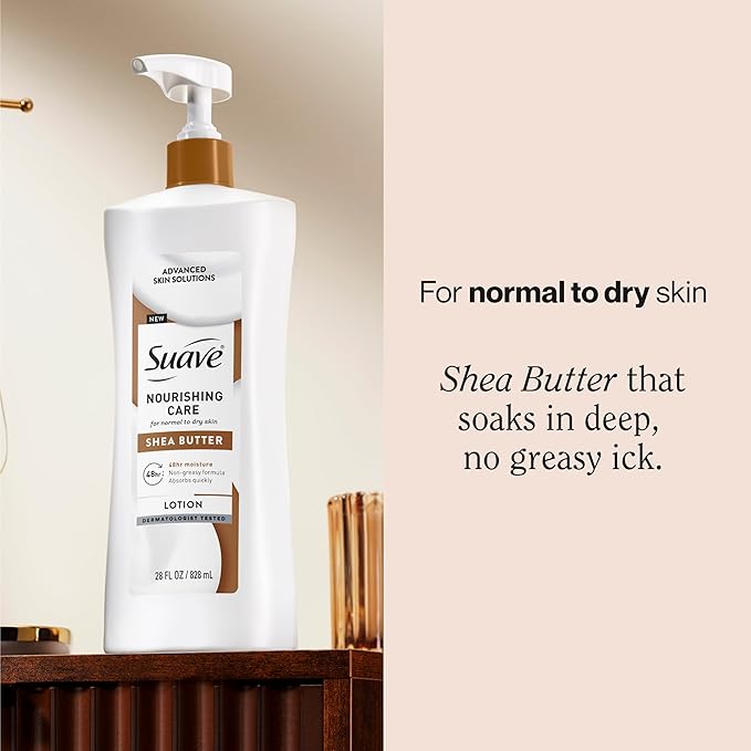Suave Nourishing Care Hand & Body Lotion with Shea Butter for Women, Deep Moisture for Dry Skin, Fast Absorbing, Allergen Free Moisturizing Cream, 28 FL OZ, 4 Pack